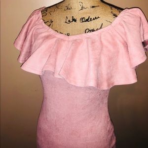 Suede off shoulder ruffle dress